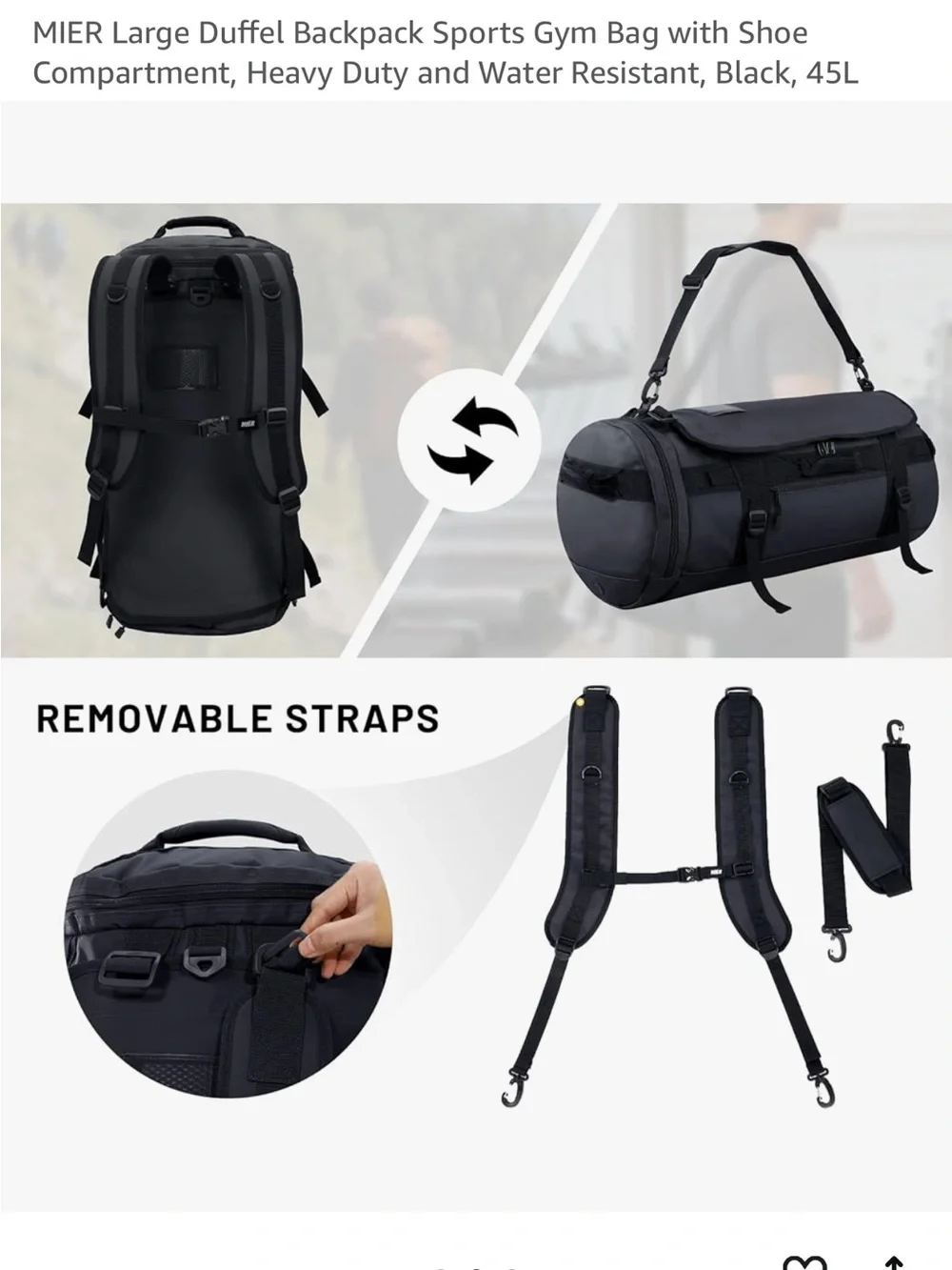 Black Duffel Backpack - Large Sports Gym Bag with Shoe Compartment